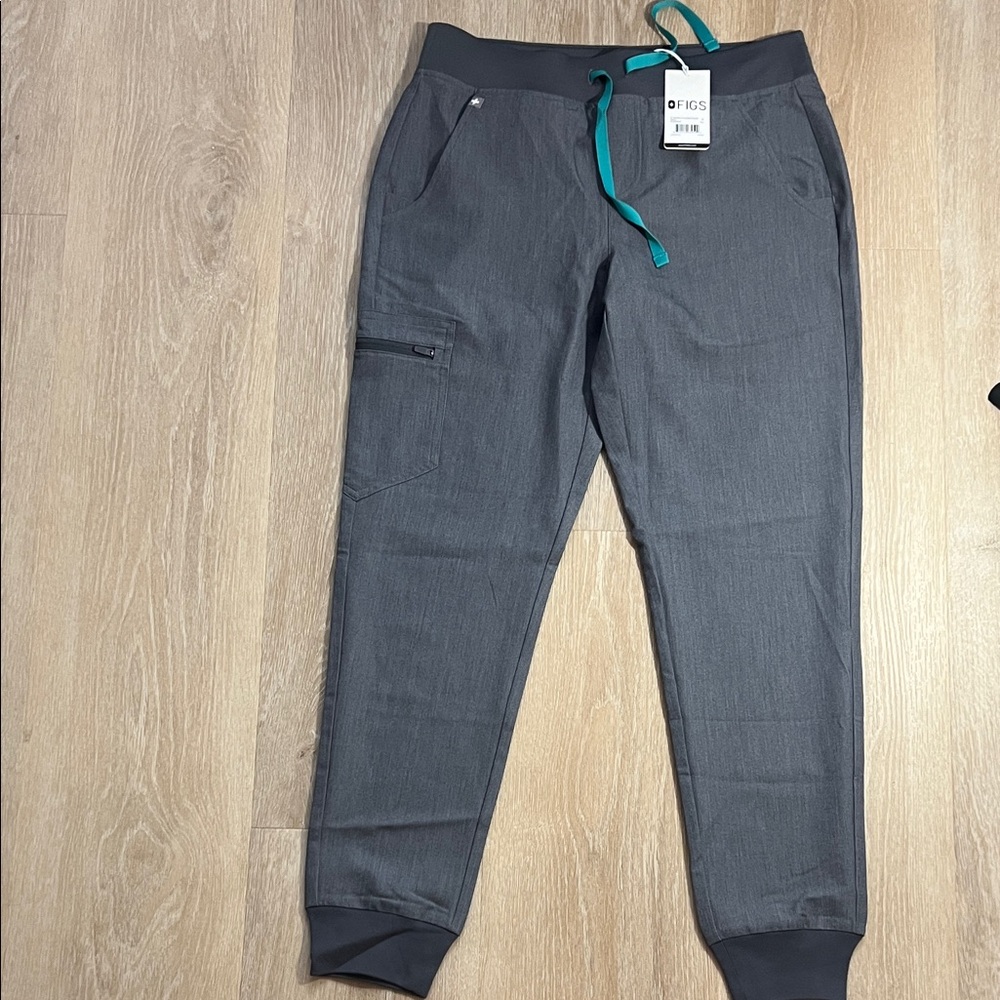 FIGS Charcoal Gray Jogger with Teal Drawstring